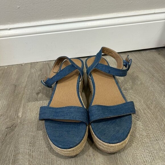 LOFT Blue Tan Espadrilles Wedge Platform Ankle Strap Sandal Women’s Size 9 - Picture 4 of 7